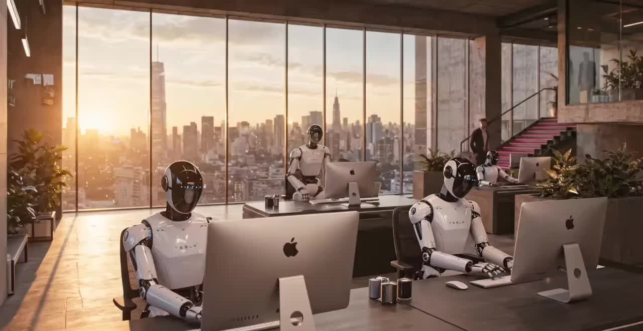 Operação de agência AI-native: agentes de inteligência artificial humanoides trabalhando em mesas num escritório moderno com vista para a cidade.